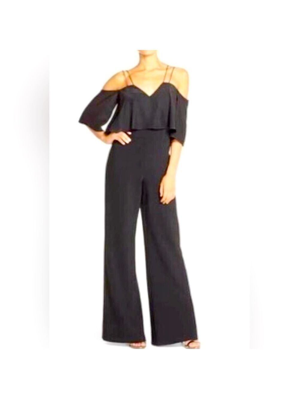 Jay Godfrey Womens Nix Off the Shoulder Wide Leg Jumpsuit Black Size 0 Flutter